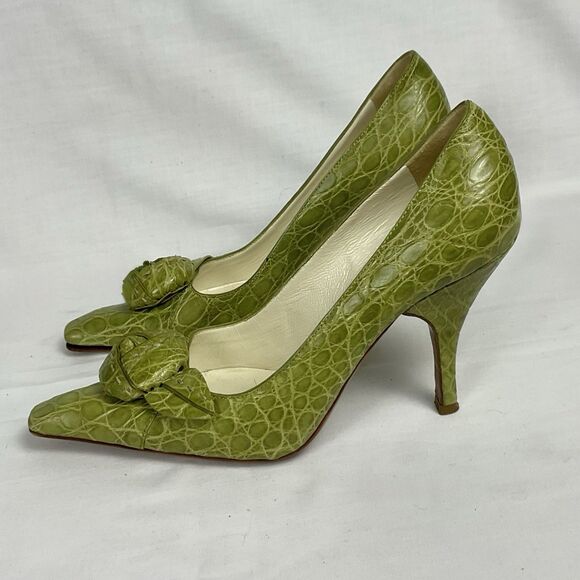 Prada Vintage Knot Croc Print Heels Leather Green Pumps Sz 35.5 (Prada) US 5.5 - Picture 4 of 9